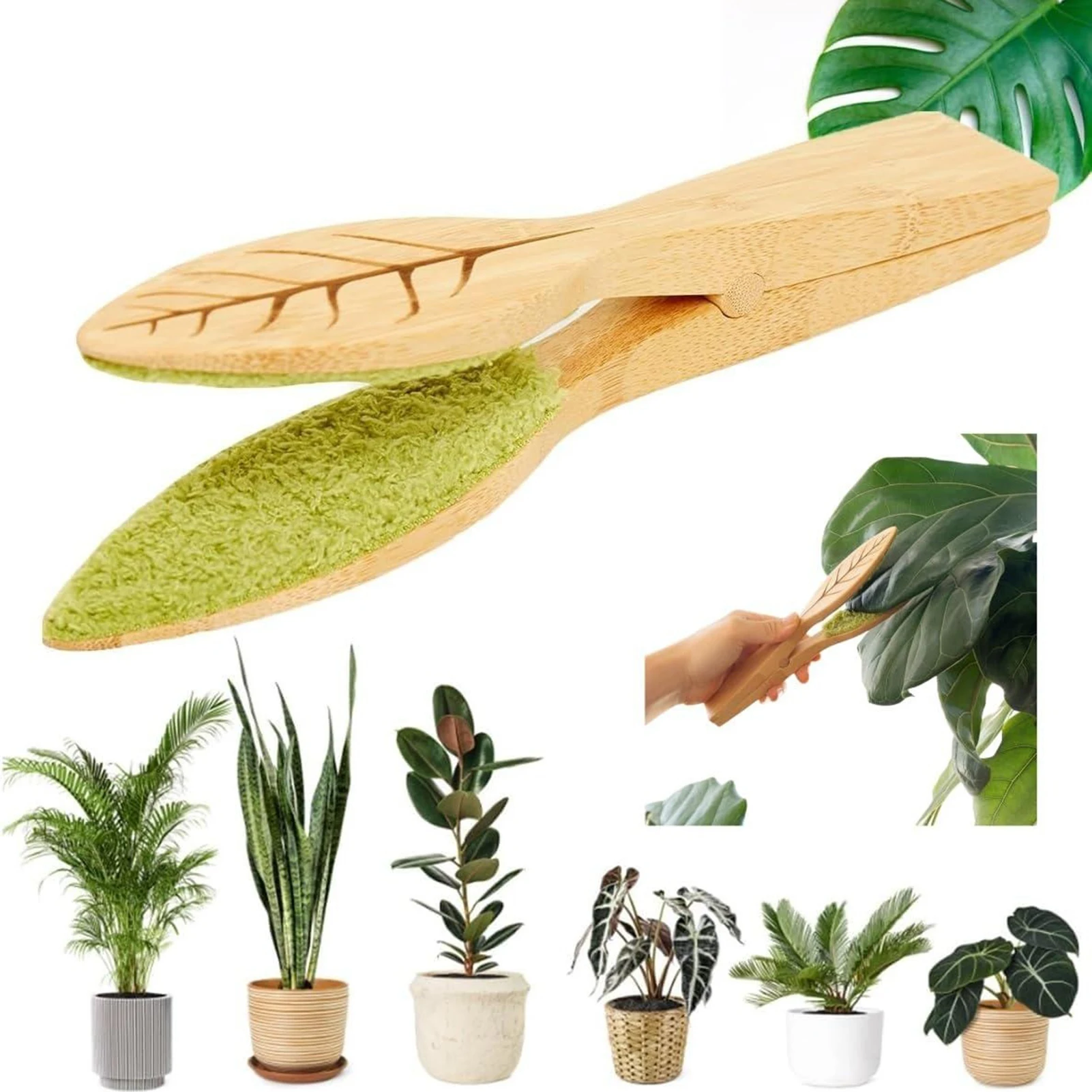 Magnetic Plant Leaf Cleaning Tongs - Dual Sided Bamboo Handle Brush for Dusting Indoor Plants | Safe for Delicate & Large Leaves